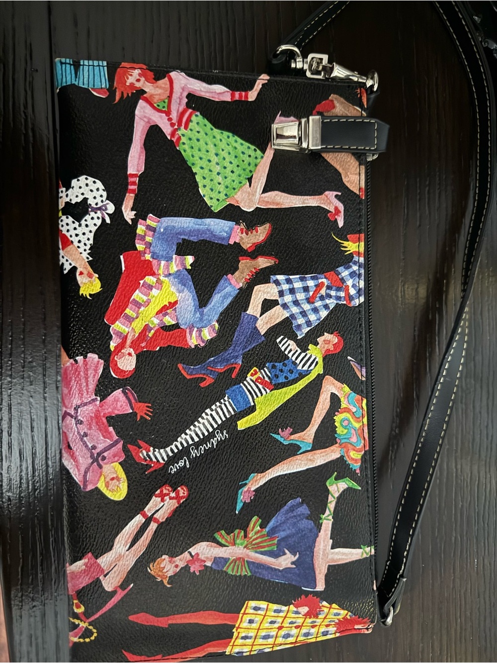Black Multi-Figure Print Wristlet Crossbody Bag